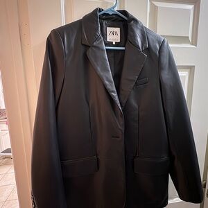 Zara Size Small Faux Leather Black Blazer Suit Jacket